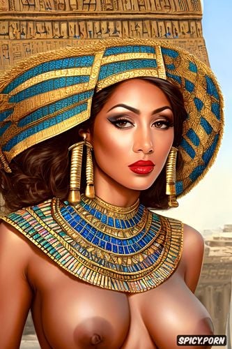 historical egyptian buildings in the background, topless, stunning face