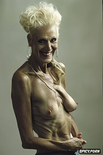 skinny, tanned, old witch, leathery skin, big fake tits, smiling