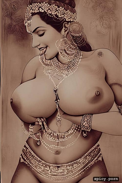 gigantic breasts dangling, smiling, breasts covered by intricate tattoos
