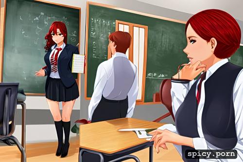 seductive, classroom, athletic, standing by desk, red hair, busty