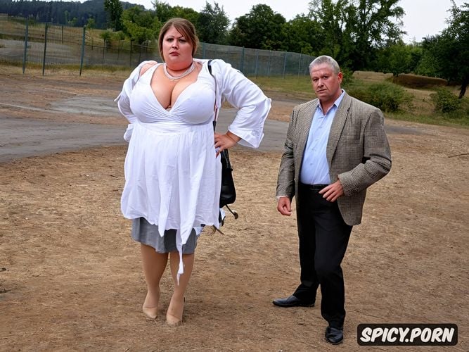 insanely large very fat floppy breasts, big dumb eyes, standing straight beside east european concrete large parking lot