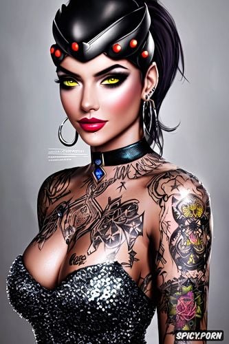 high resolution, k shot on canon dslr, tattoos masterpiece, widowmaker overwatch beautiful face young sexy low cut black sequin dress