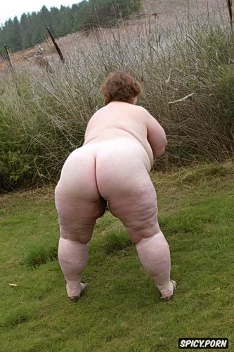 wide buttocks, red ass from whipping, obese body, arms in a cross