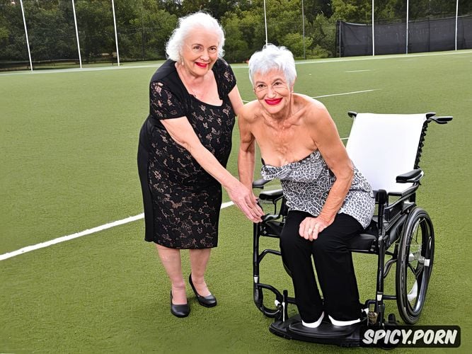 football field, small hanging empty breasts, sitting in wheelchair