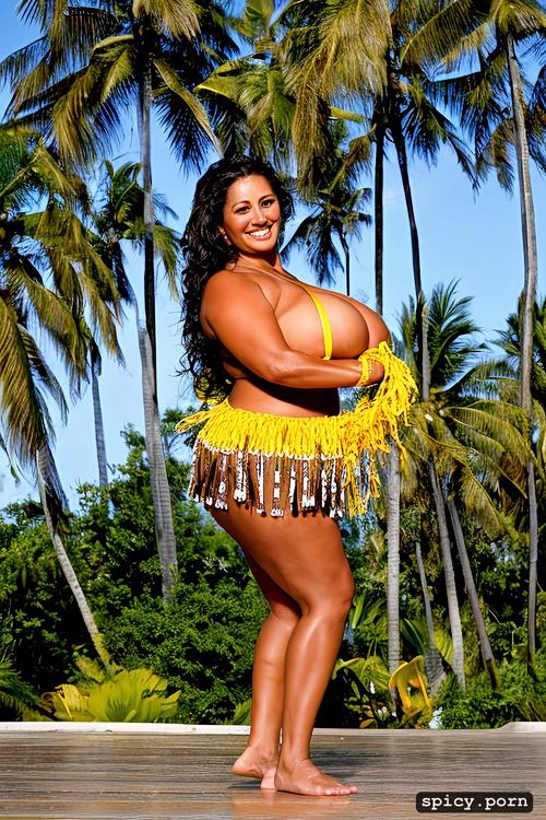 flawless smiling face, 39 yo beautiful tahitian dancer, intricate beautiful hula dancing costume