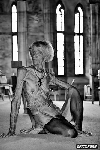 ninety year old, very old ugly granny, spreading legs, very thin