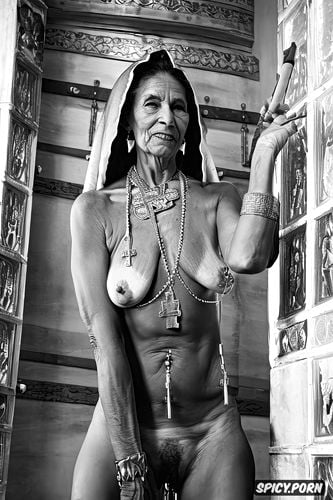 wrinkly face, extremely old grandmother, ribs showing, pierced nipples