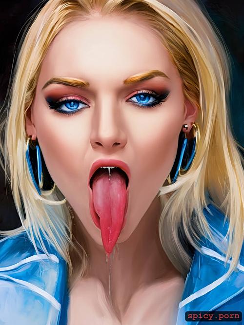 blue eyes, nice tongue, full open mouth, tongue out, first person photo
