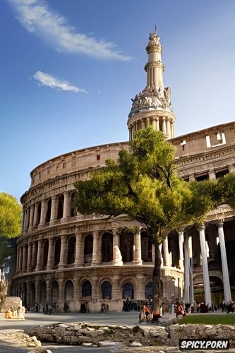 historical roman buildings in the background, topless, stunning face