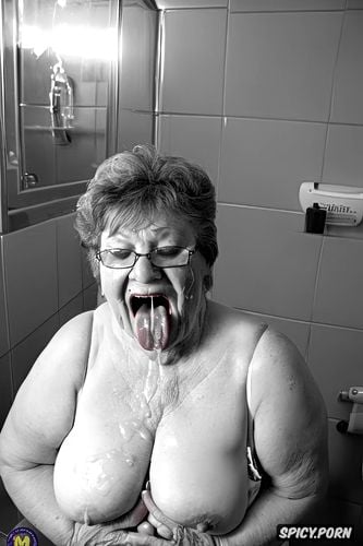 glasses, tongue out with cum, old fat grandmothers, pale wrinkled skin