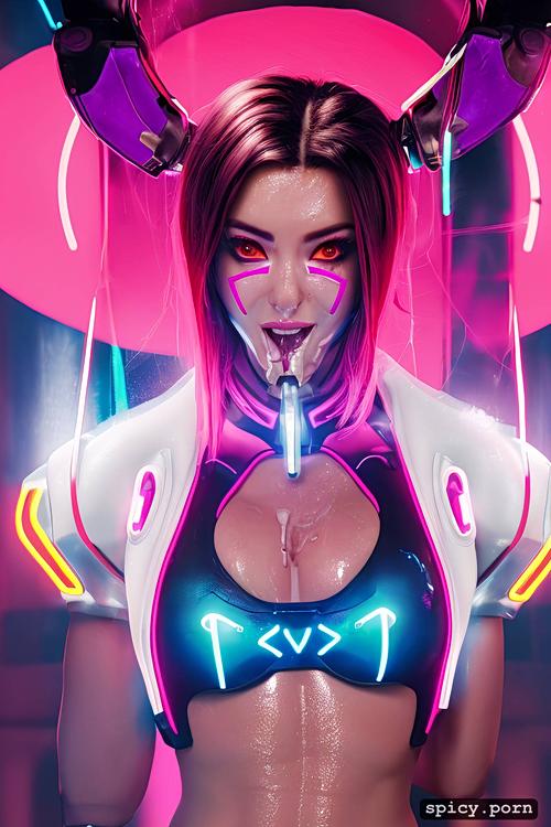 long hair, highres, excessive cum all over body, futuristic retrowave colours