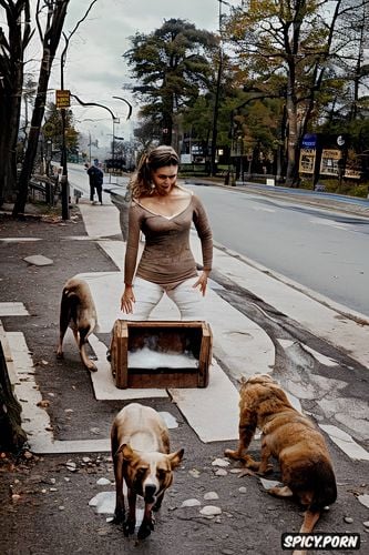 deep eyes, use much blue, full lose up shot, standing above a hungry street dog and wetting it with her urine and shit