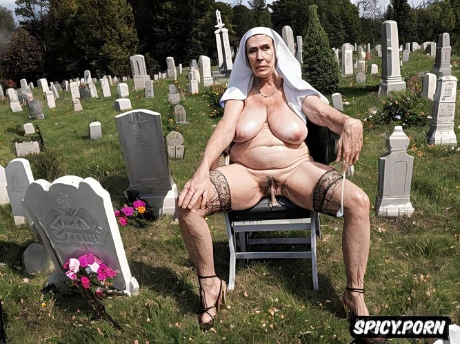 ninety, point of view, catholic nun, oiled skin, cemetery, spreading cellulite legs