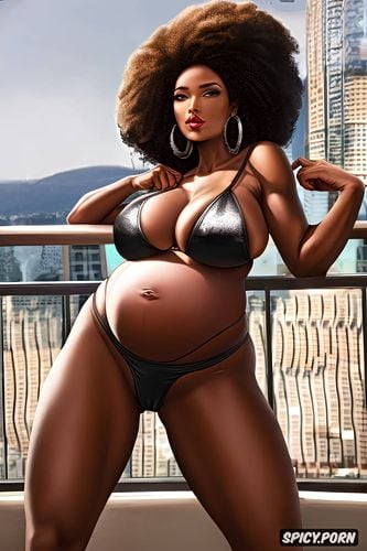 microkini, ebony milf, big ass, black hair, longer hair, pregnant
