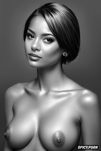 portrait, short hair, fully nude, cute face, large breasts, precise lineart