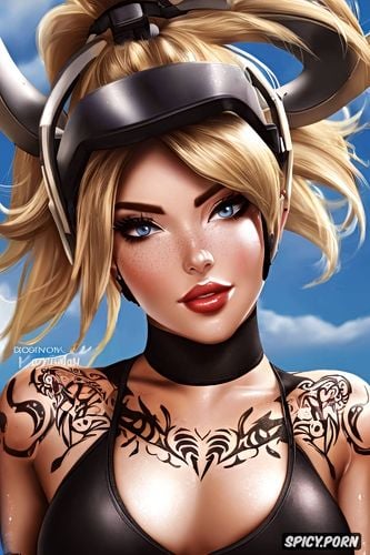 tattoos masterpiece, ultra detailed, mercy overwatch beautiful face young sexy low cut black yoga top and pants