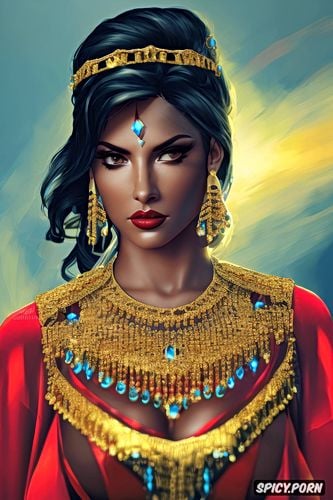 pharah overwatch beautiful face milf flowing low cut red ballgown gold and ruby tiara pouty portrait