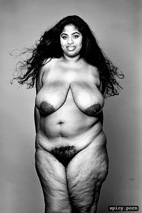 color photo, hairy large cunt, hourglass body, huge natural breasts