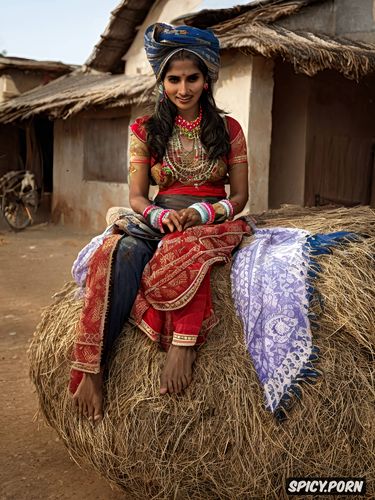 a beautiful real life 30 yo gujarati villager woman is sits on the camera