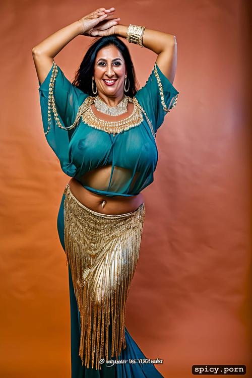 61 yo, tunisian bellydancer, curvy body, color portrait, extremely busty
