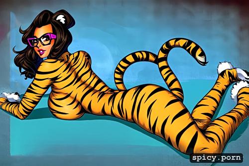 glasses, gigantic boobs, striped tail, tiger milf, huge ass