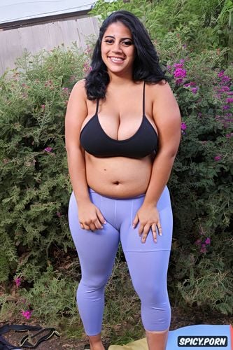 yoga pants, fat pussy, legs, big fat belly, crop top, huge veiny breasts