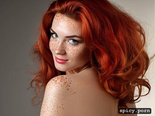 red hair, perfect face, full body, freckles, 18 year old woman