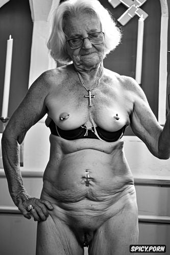 real old wrinkled granny, rings in nipple, ugly, stained glass windows