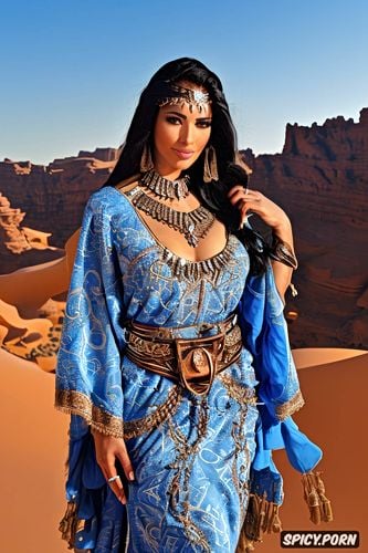 goddess with lynx, blue sky, pagan arabian goddess al uzza in traditional arabian clothing walking through wadi in beautiful desert