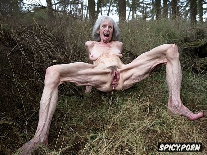 super old granny, zombie, grey hair, very thin, spreading hairy pussy