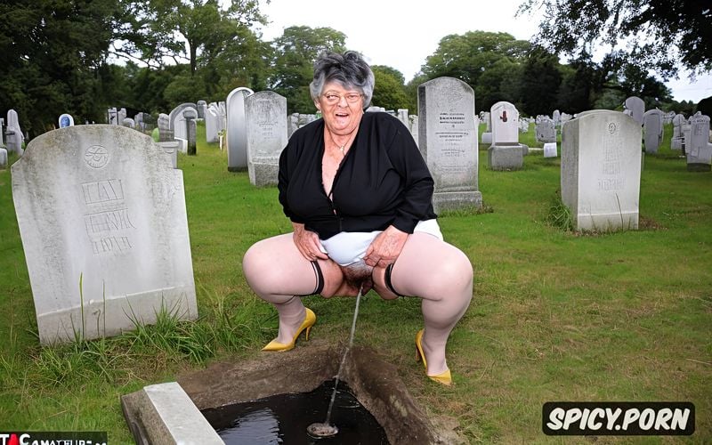 granny pissing on the grave, very fat granny, stockings, ultra detailed pissing very old obese granny on the grave