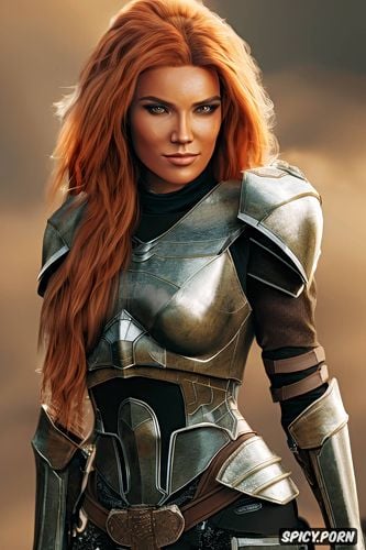 shoulder length copper hair, confident smirk, ultra realistic