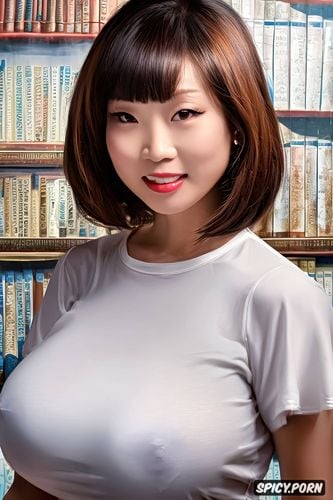 30 years old, library, intricate, pov, happy face, asian woman