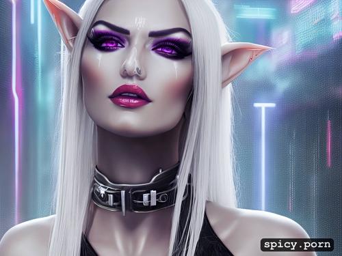 small boobs, white eyebrows, purple eyes, 23 yo, perfect slim albino female elf
