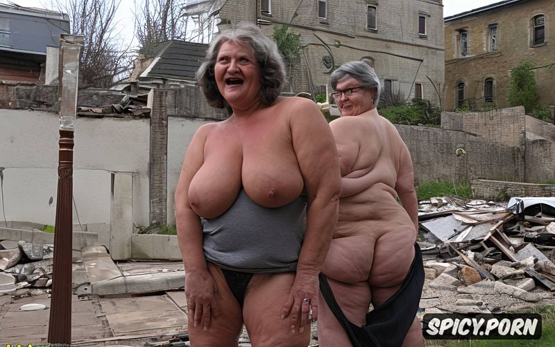 in the background a ruined house, exhibiting hairy vagina, real wrinkled granny