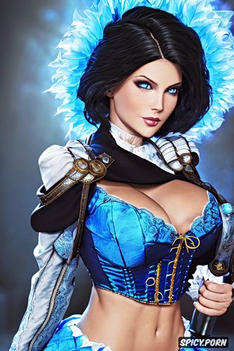 elizabeth bioshock infinite beautiful face pale skin blue eyes short black hair corset blue bolero jacket and a blue long skirt no makeup shy