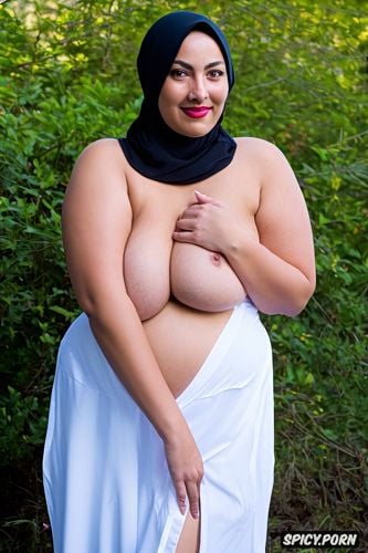 fat mature curvy body, totally naked, bbw, red high heels, hijab