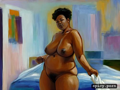 bbw, hairy, black woman, full body, in bedroom, 60 years old