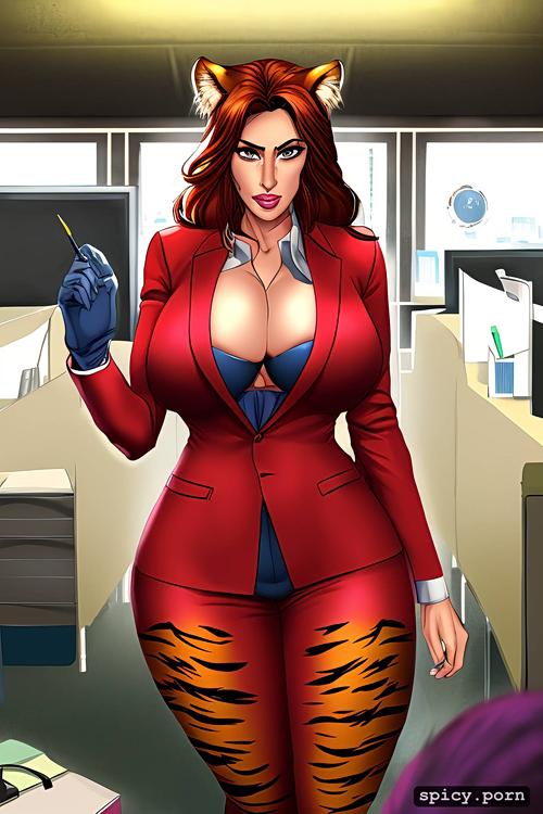 milf, tiger tail, seductive face, business suit, office, 40 yo