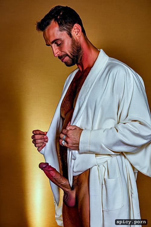johnny sins, he opens front, standing, with white bathrobe, his penis is extra large head with large cum hole