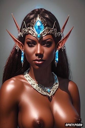 masterpiece, fantasy princess high elf beautiful face ebony skin tone short dark red hair tattoos royal elven armor tiara topless tits out castle