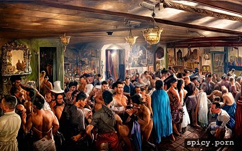 club lighting, 1930 s tijuana mexico, realistic, otto dix, shabby rough whore house filled with old fat whores and drunk sailors