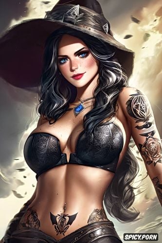 high resolution, k shot on canon dslr, tattoos masterpiece, yennefer of vengerberg the witcher beautiful face young tight low cut outfit