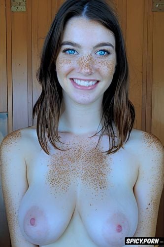 pink pussy, small shiny snub nose, light freckles, full body shot