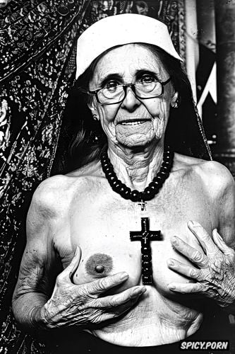 extremely old grandmother, wrinkly saggy skin, nun, ribs showing