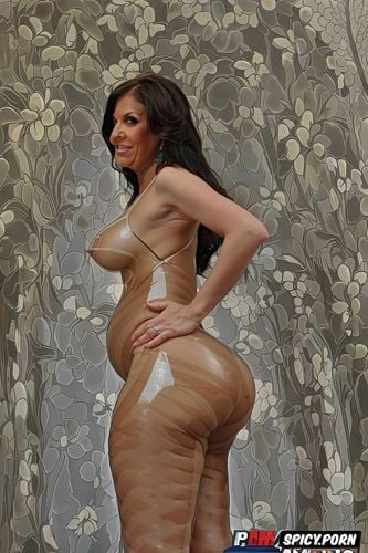 tanned skin, wide hips, tall naked brunette pregnant gilf, gigantic boobs bigger nipples big pregnant belly thin transparent latex bodystocking