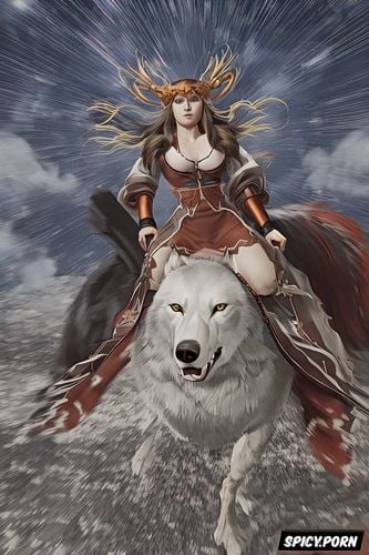 gaugain, voluptuous body, lifting one knee, fat belly, peincess mononoke squatting riding on a giant wolf