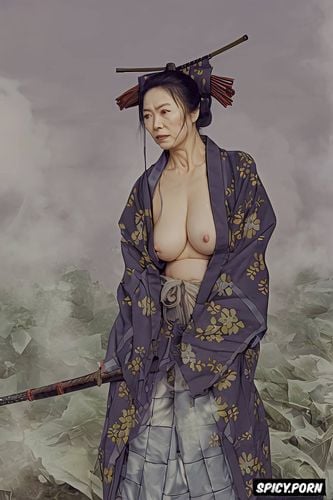 ilya repin painting, nude portrait, steam, samurai sword, small perky breasts