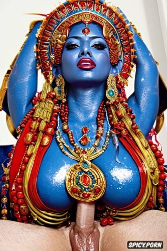 blue skin, hindu female god, covered in cum, dripping in cum