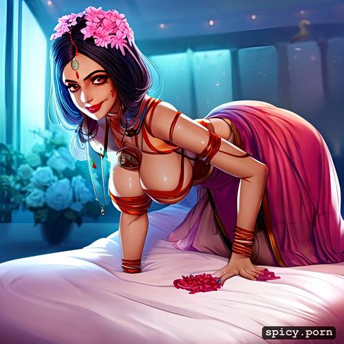 realistic photo with details, wearing a torn salwar kameez with exposed breasts and vagina